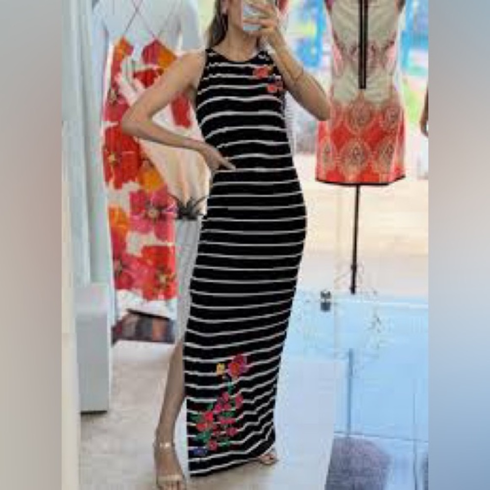 Desigual Black and White Maxi Dress with Red Floral Design